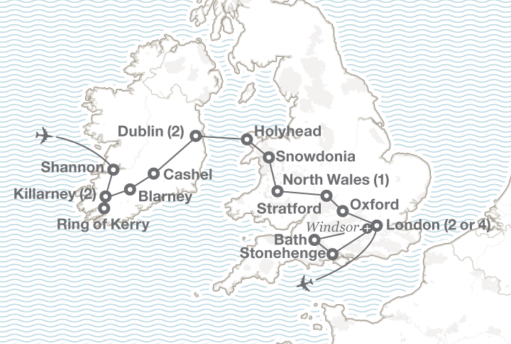 The British Isles England Ireland and Wales tour map