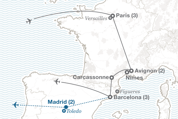 Paris Provence and Barcelona tour map