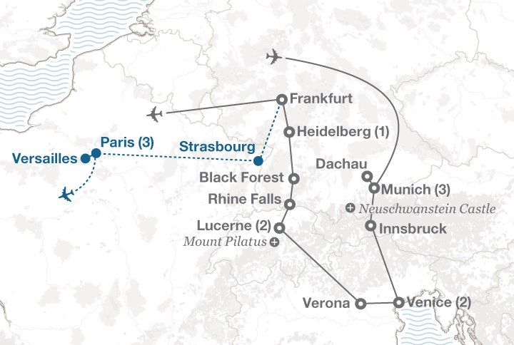Germany Italy and Switzerland tour map