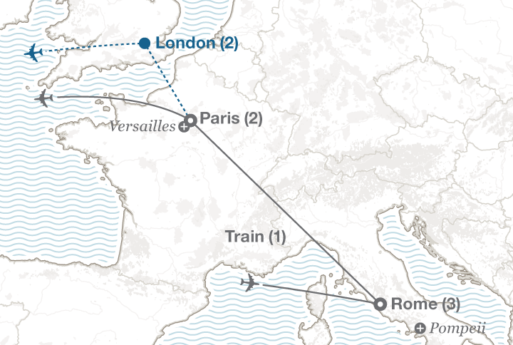Rome and Paris tour map
