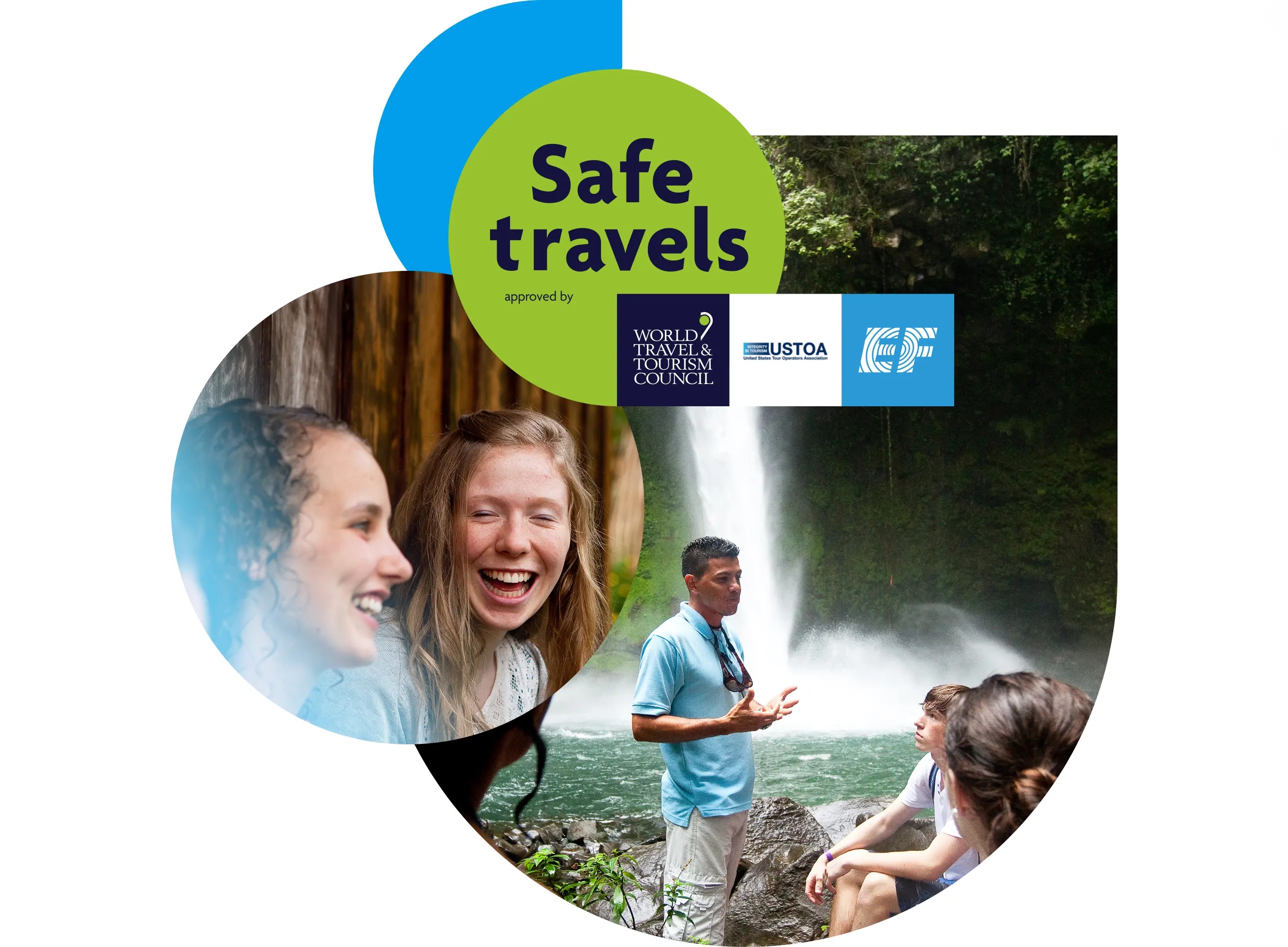 students in front of waterfall with safety partner logos