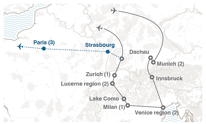 Image displaying map describing the itinerary of the Germany, Italy & Switzerland tour