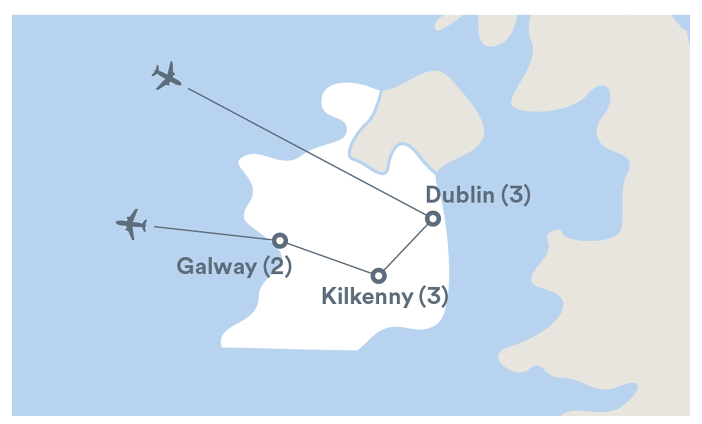 Image displaying map describing the itinerary of the Agriculture in Ireland tour