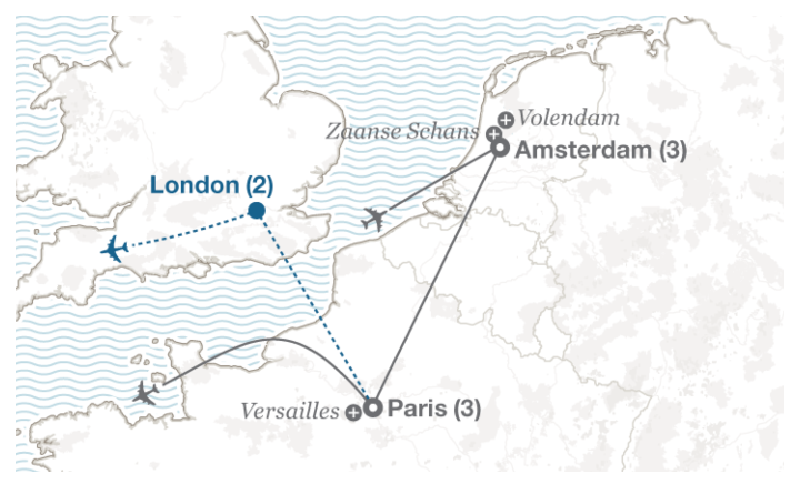 Image displaying map describing the itinerary of the Amsterdam & Paris tour