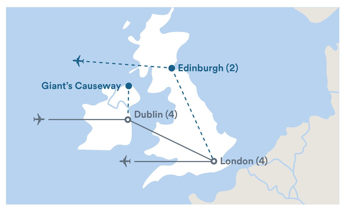 Image displaying map describing the itinerary of the Business Innovation in Dublin & London tour