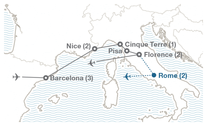 Image displaying map describing the itinerary of the Barcelona, Southern France & Italy tour