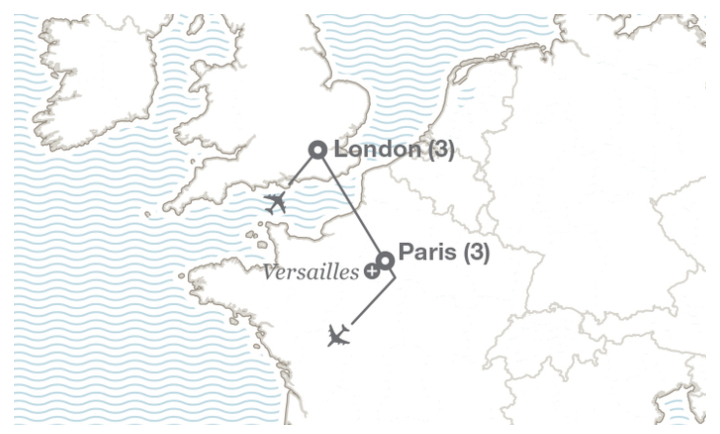 Image displaying map describing the itinerary of the Business and Culture in London and Paris tour