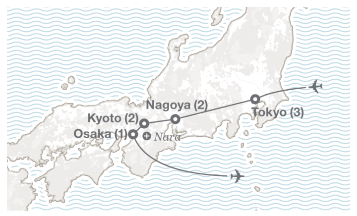 Image displaying map describing the itinerary of the Business & Culture in Japan tour