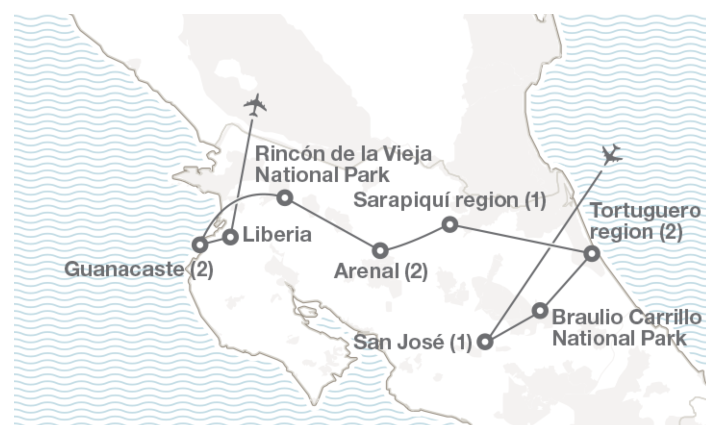 Image displaying map describing the itinerary of the Costa Rica: Pura Vida tour