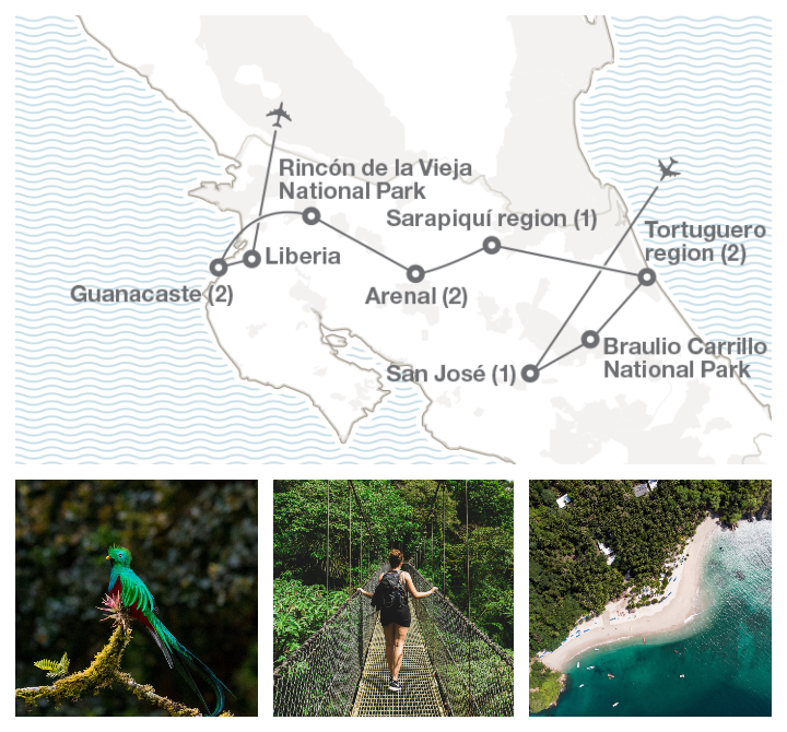 Image displaying map describing the itinerary of the "Costa Rica: Pura Vida" tour