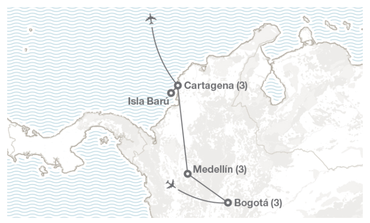 Image displaying map describing the itinerary of the Colombia tour