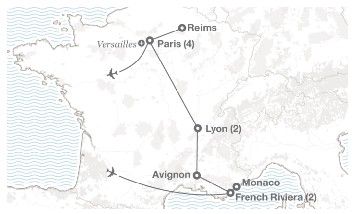 Image displaying map describing the itinerary of the A Taste of France  tour