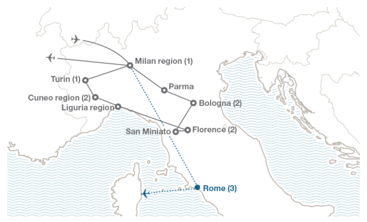 Image displaying map describing the itinerary of the A Taste of Italy tour