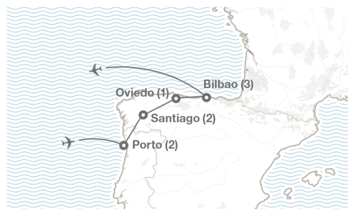 Image displaying map describing the itinerary of the A Taste of Iberia tour