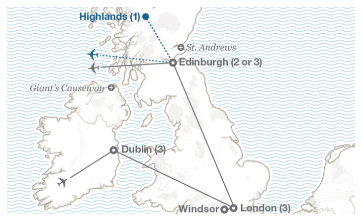 Image displaying map describing the itinerary of the Ireland, England & Scotland tour