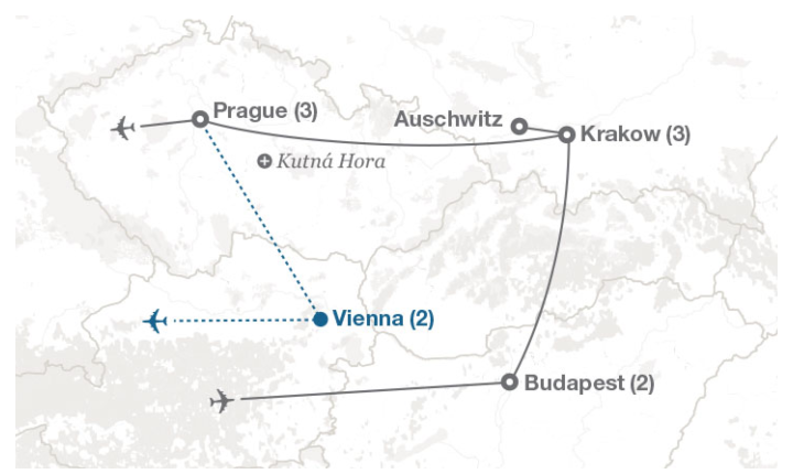 Image displaying map describing the itinerary of the Urban Environments & Culture in Eastern Europe tour