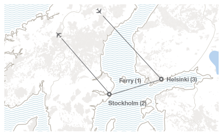 Image displaying map describing the itinerary of the Education in Finland & Sweden tour
