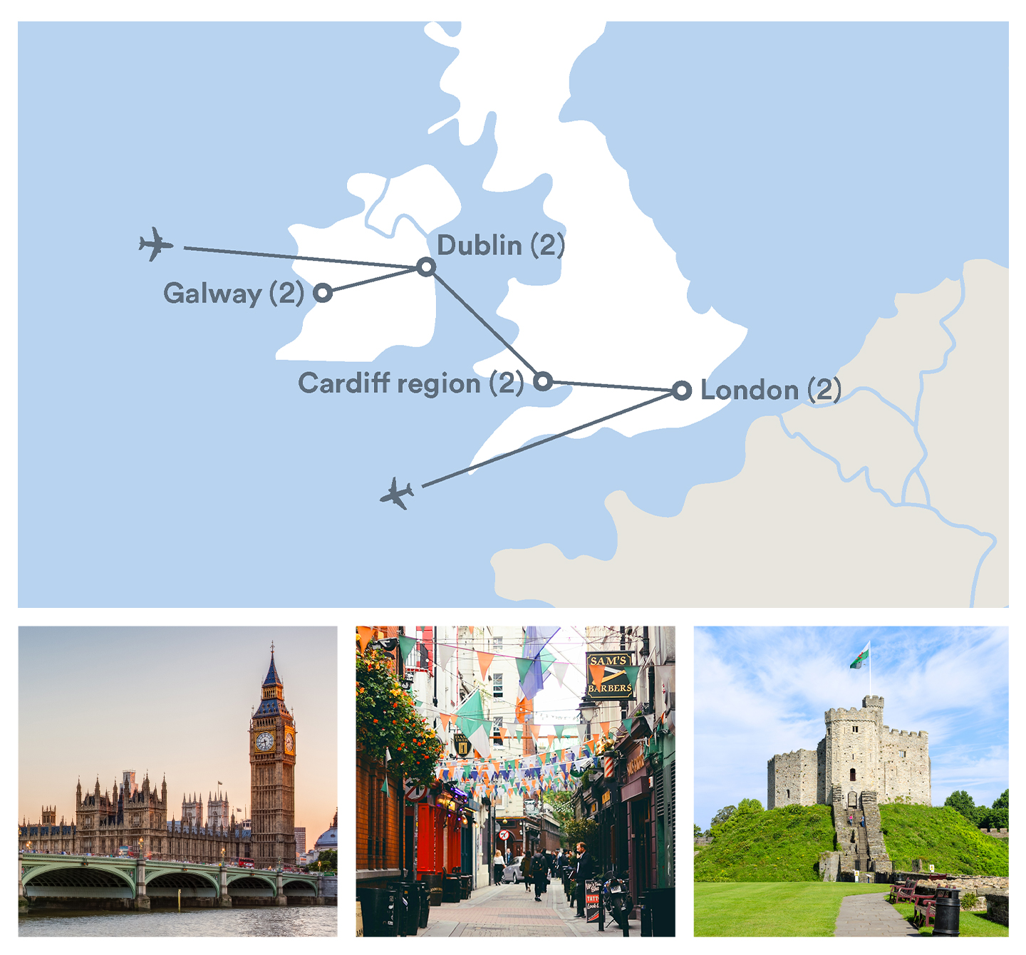 Image displaying map describing the itinerary of the "England, Ireland & Wales" tour