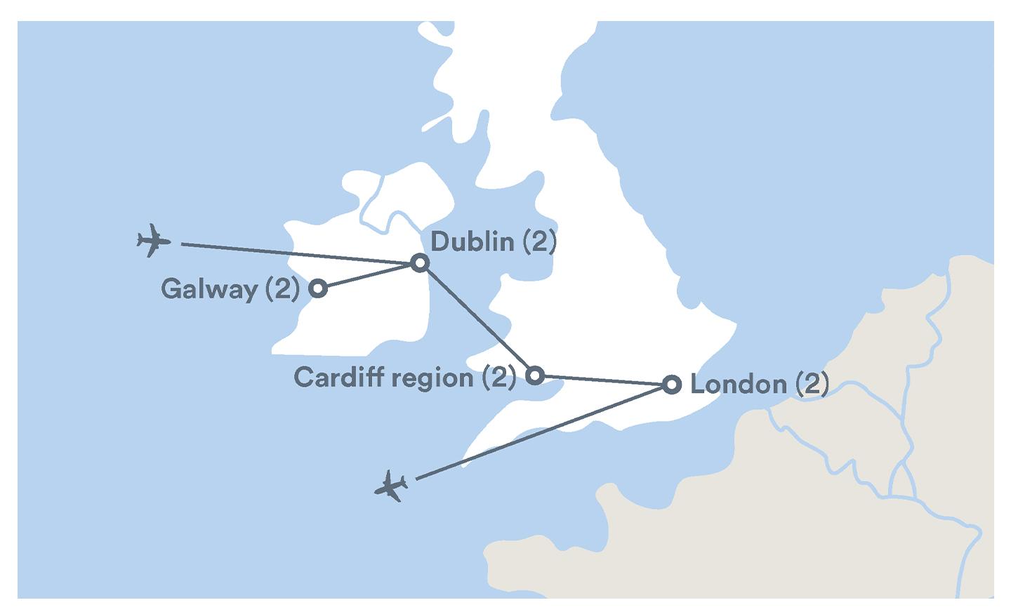 Image displaying map describing the itinerary of the England, Ireland & Wales tour