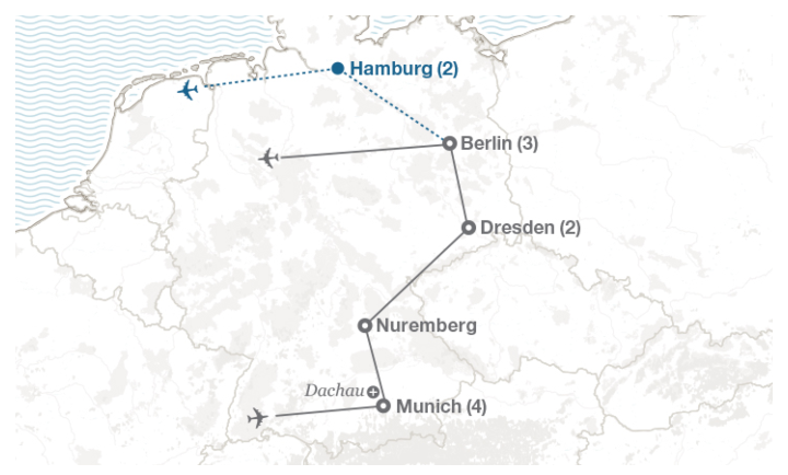 Image displaying map describing the itinerary of the Engineering in Germany tour