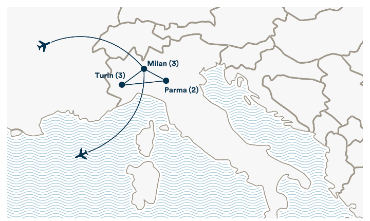 Image displaying map describing the itinerary of the Skill Development Program: Entrepreneurship and Innovation in Italy tour