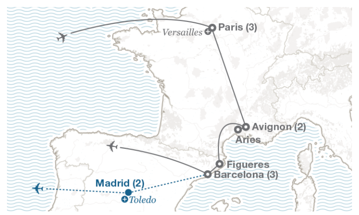 Image displaying map describing the itinerary of the Paris, Provence & Barcelona tour