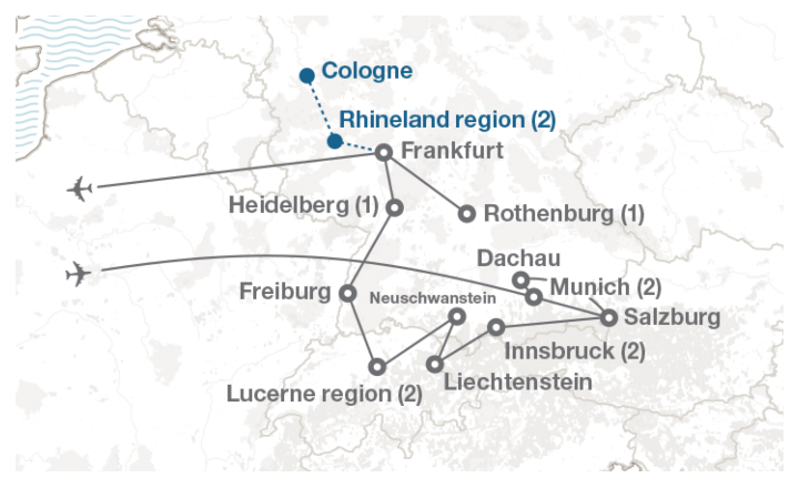 Image displaying map describing the itinerary of the The Alps: Germany, Austria & Switzerland tour