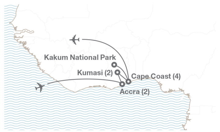 Image displaying map describing the itinerary of the Ghana tour