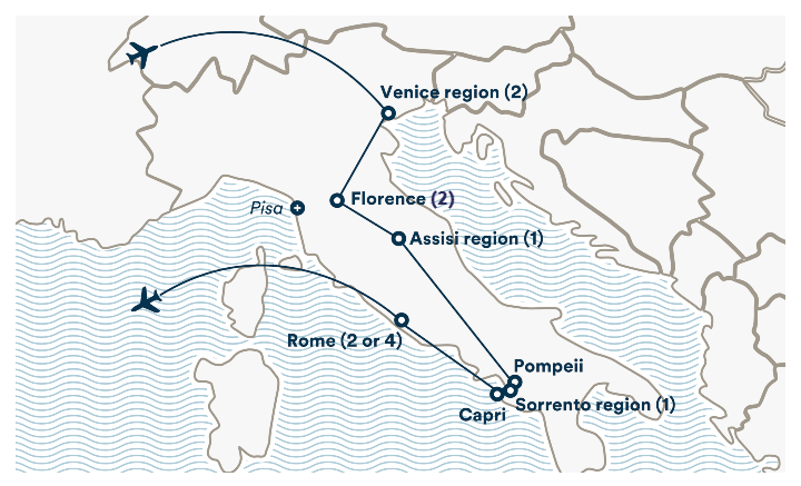 Image displaying map describing the itinerary of the Italy: The Grand Tour tour