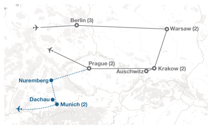 Image displaying map describing the itinerary of the The Holocaust in Europe tour