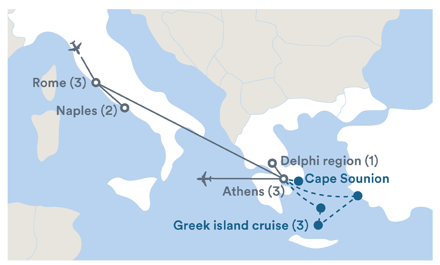 Image displaying map describing the itinerary of the Intercultural Studies in Italy & Greece tour