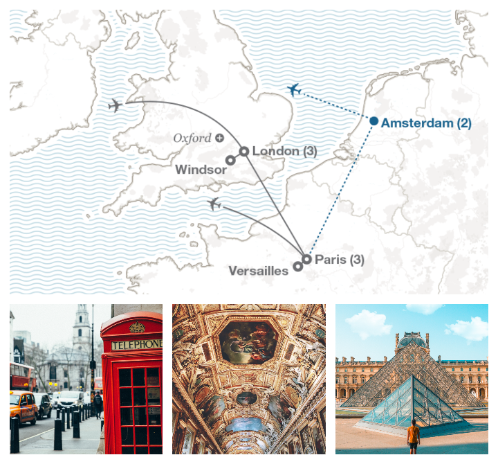 Image displaying map describing the itinerary of the "London & Paris" tour