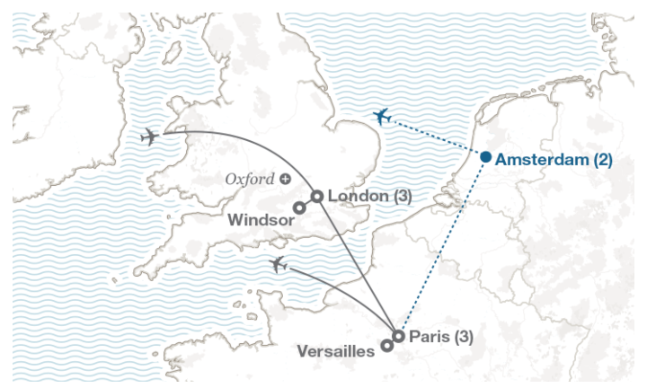 Image displaying map describing the itinerary of the London & Paris tour