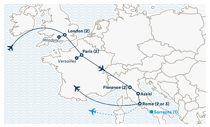 Image displaying map describing the itinerary of the London, Paris, Florence & Rome tour