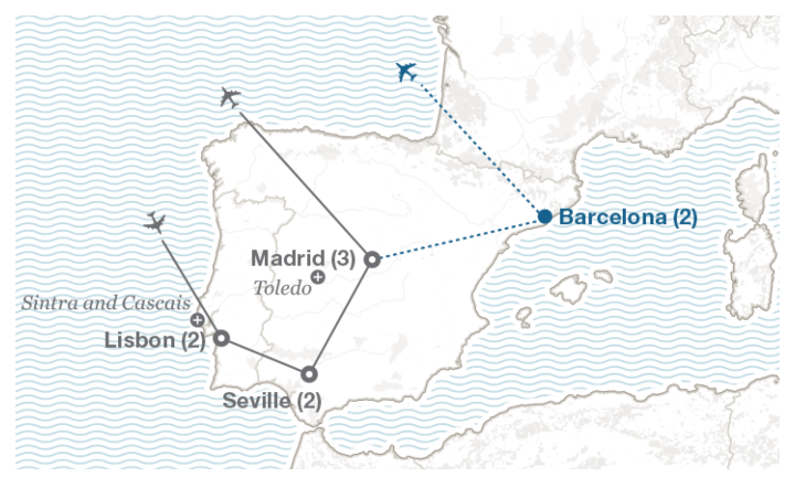 Image displaying map describing the itinerary of the Lisbon, Seville & Madrid tour