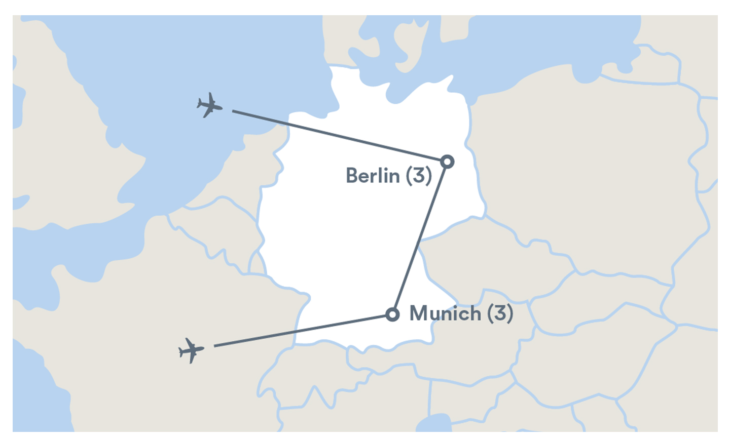 Image displaying map describing the itinerary of the Munich and Berlin tour
