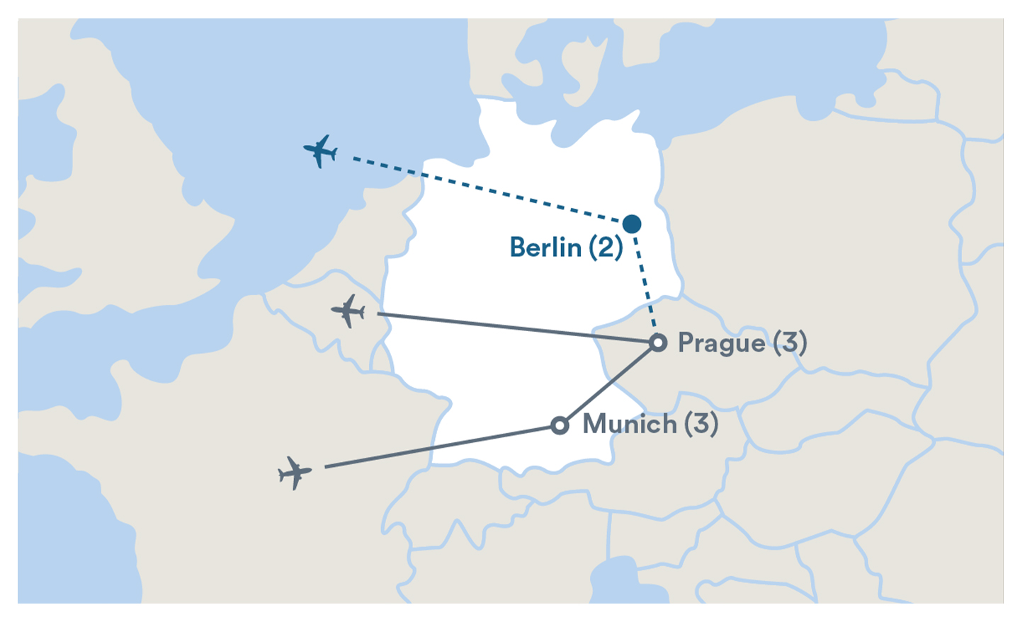 Image displaying map describing the itinerary of the Munich & Prague tour