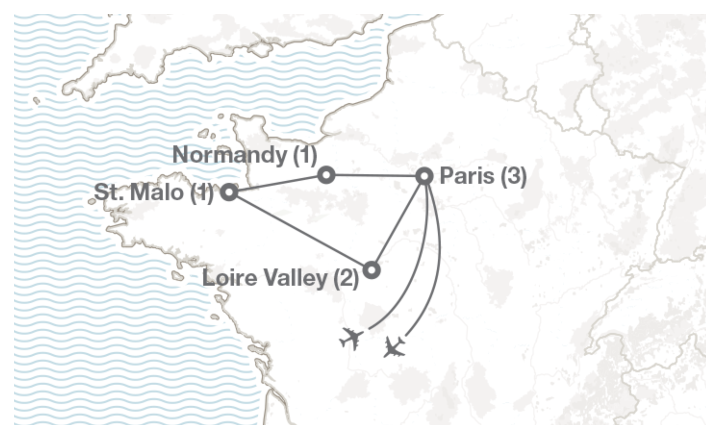Image displaying map describing the itinerary of the Paris & the Chateaux tour