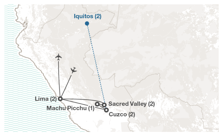 Image displaying map describing the itinerary of the Intercultural Studies in Peru tour