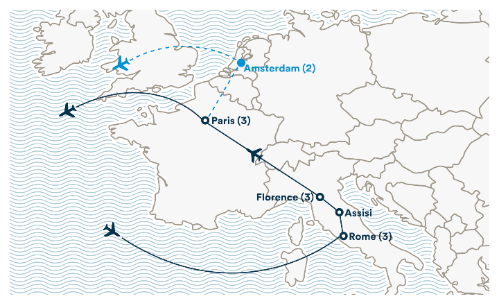 Image displaying map describing the itinerary of the Art in Rome, Florence & Paris tour