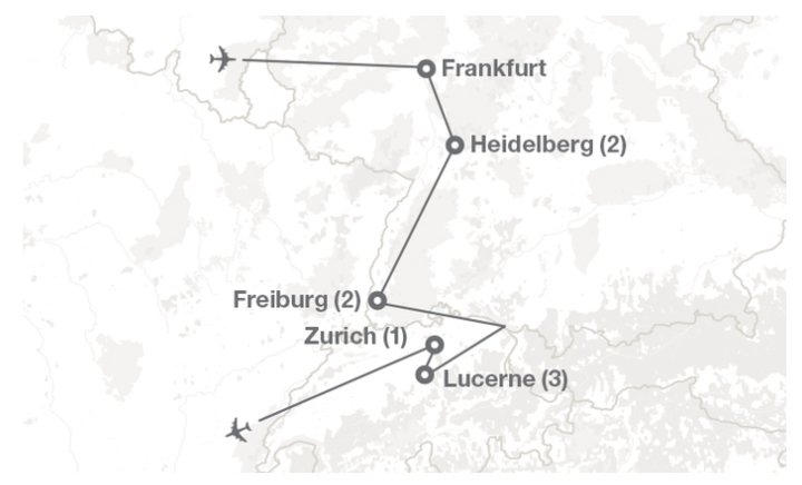 Image displaying map describing the itinerary of the Renewable Energy in Germany & Switzerland tour