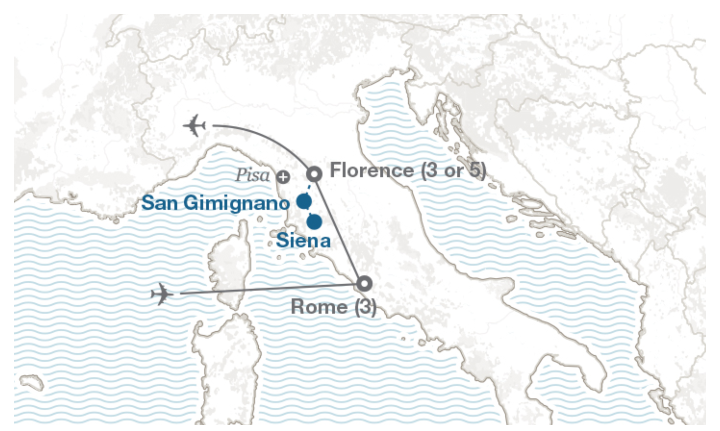 Image displaying map describing the itinerary of the Rome & Florence tour