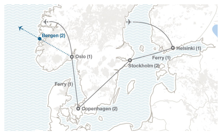 Image displaying map describing the itinerary of the Scandinavia tour