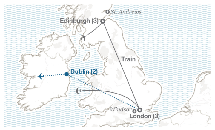 Image displaying map describing the itinerary of the Edinburgh & London tour