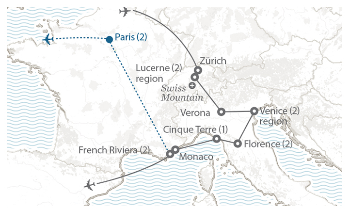 Image displaying map describing the itinerary of the Switzerland, Italy & the French Riviera tour