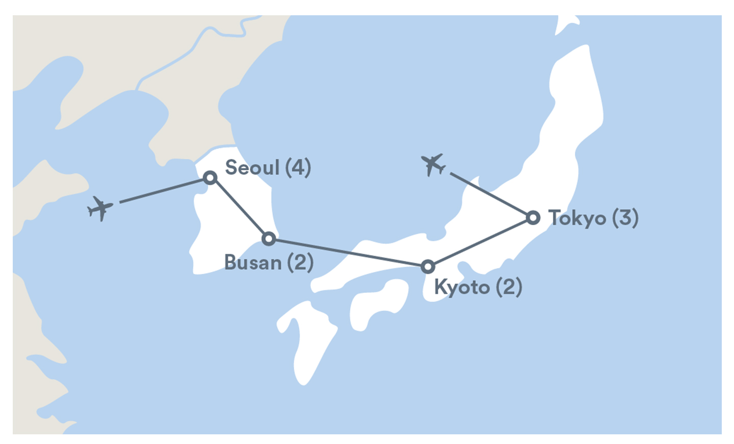 Image displaying map describing the itinerary of the South Korea & Japan tour