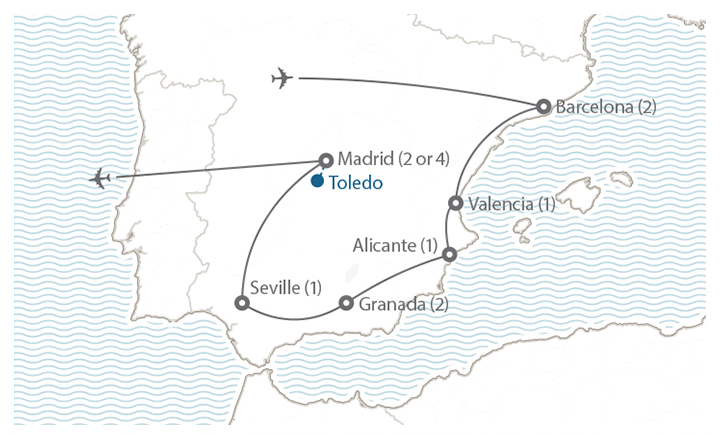 Image displaying map describing the itinerary of the Spain: Land of Many Cultures tour