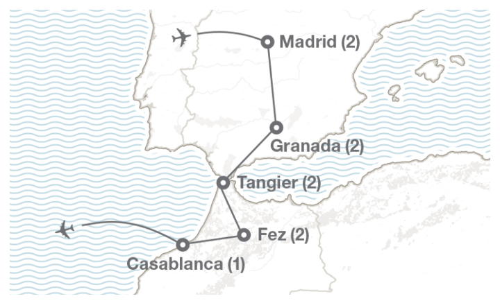 Image displaying map describing the itinerary of the Spain & Morocco tour