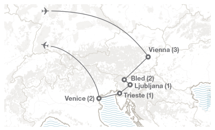 Image displaying map describing the itinerary of the Sustainability in Austria, Slovenia and Italy tour