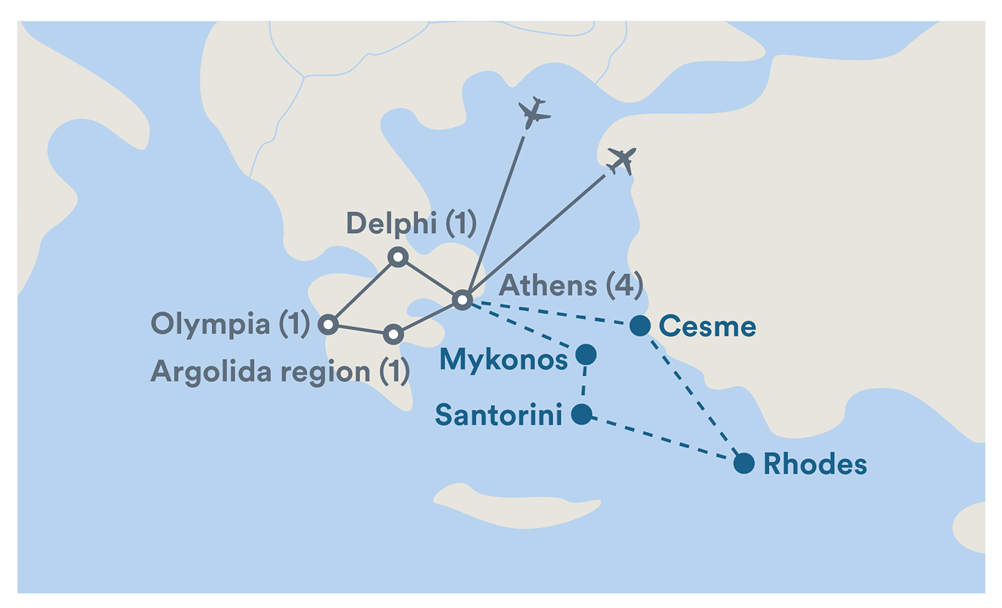 Image displaying map describing the itinerary of the Intercultural Studies in Greece tour